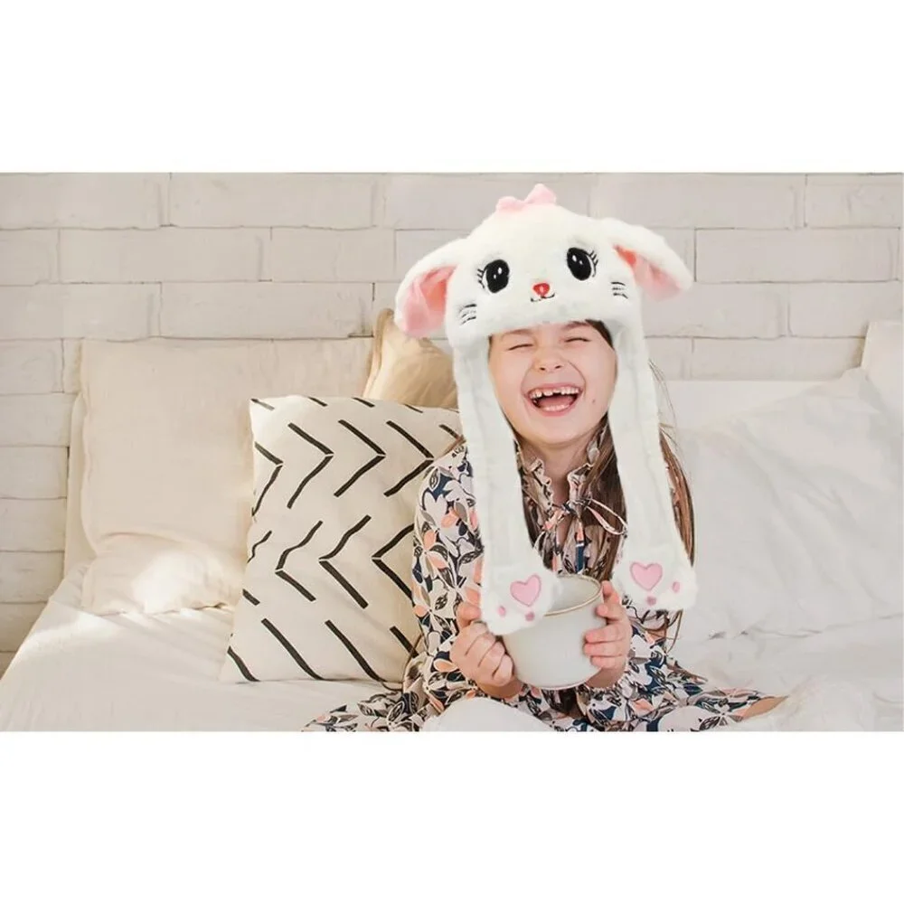Kids Cat_White Animal Hat with Ears Moving Jumping Pop Up Beating Plush Holiday